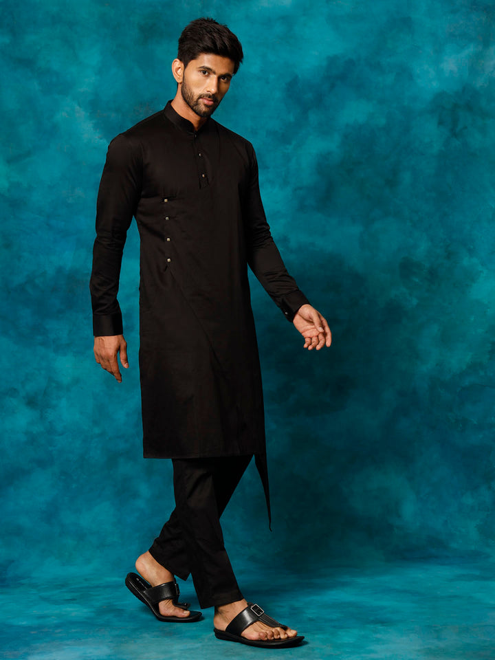 VASTRAMAY Men's Black Cotton Satin Blend Kurta Pyjama Set