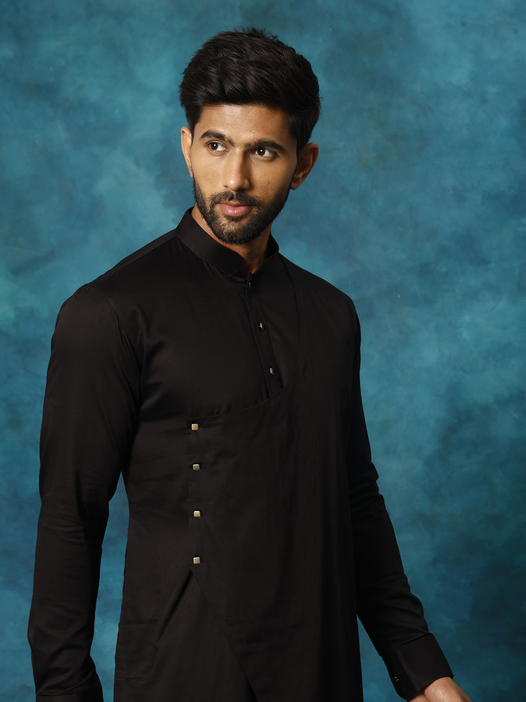 VASTRAMAY Men's Black Cotton Satin Blend Kurta Pyjama Set