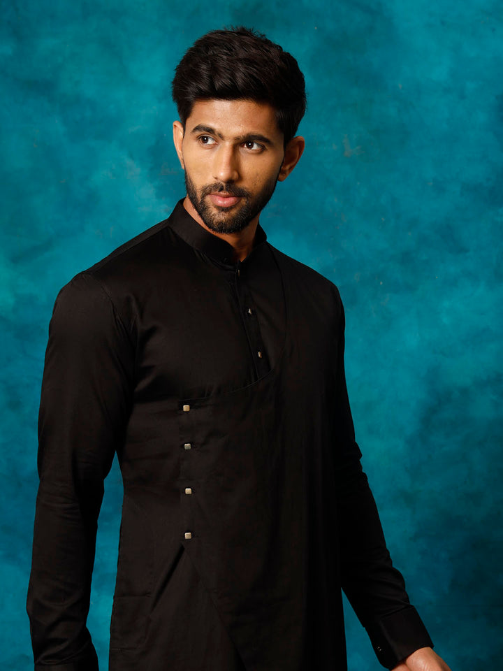 VASTRAMAY Men's Black Cotton Satin Blend Kurta Pyjama Set