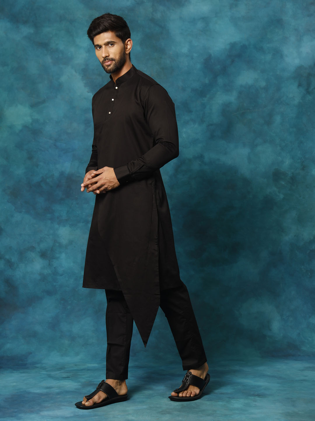 VASTRAMAY Men's Black Cotton Satin Blend Kurta Pyjama Set