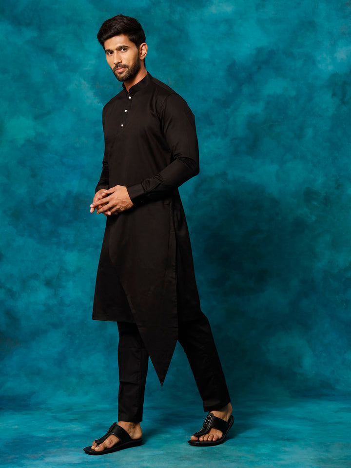 VASTRAMAY Men's Black Cotton Satin Blend Kurta Pyjama Set