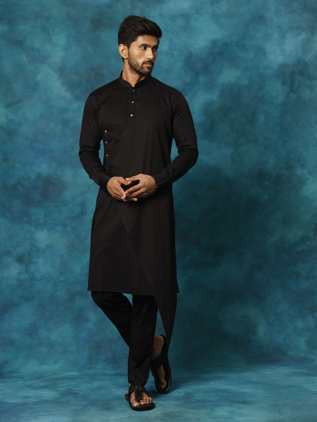 VASTRAMAY Men's Black Cotton Satin Blend Kurta Pyjama Set