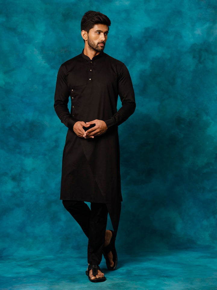 VASTRAMAY Men's Black Cotton Satin Blend Kurta Pyjama Set