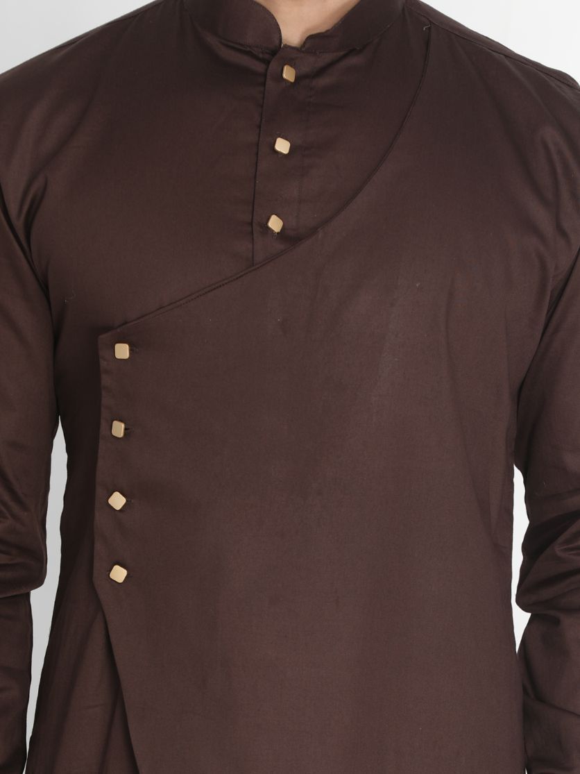 VASTRAMAY Men's Brown Cotton Silk Blend Kurta and Churidar Set