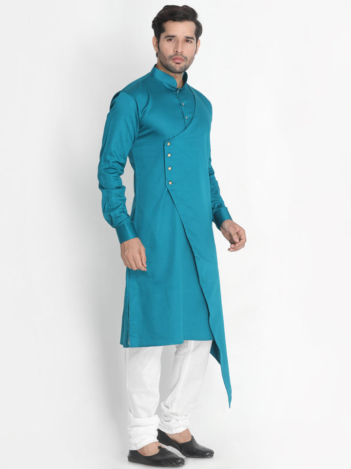 Vastramay Cotton Satin Blend Turquoise and Cream Baap Beta Kurta Pyjama Set