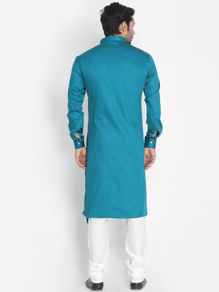 Vastramay Cotton Satin Blend Turquoise and Cream Baap Beta Kurta Pyjama Set