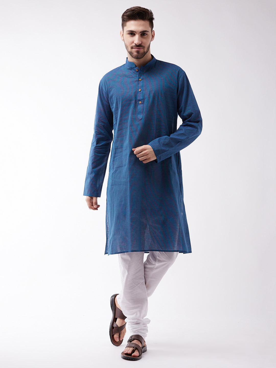 Vastramay Pure Handloom Cotton Blue and White Baap Beta Kurta Pyjama set