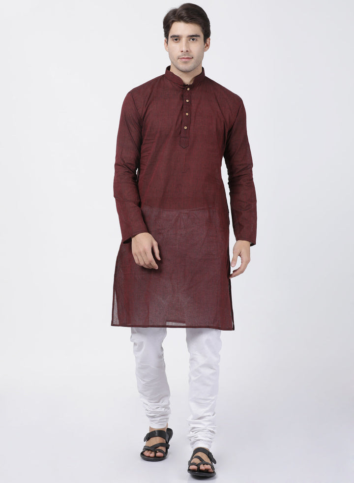 Vastramay Pure Handloom Cotton Maroon and White Baap Beta Kurta Pyjama set