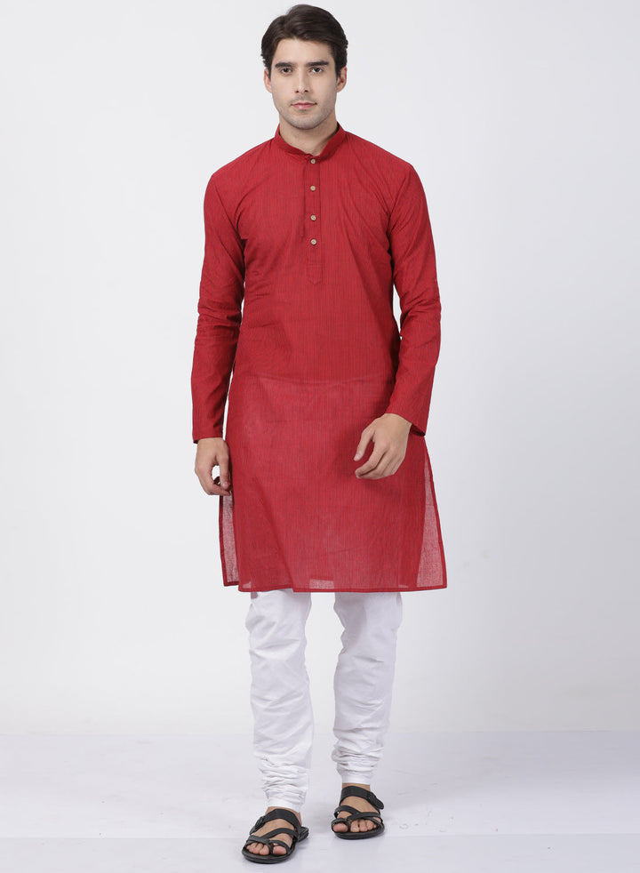 Vastramay Red Handloom Cotton Red and White Baap Beta Kurta Pyjama set