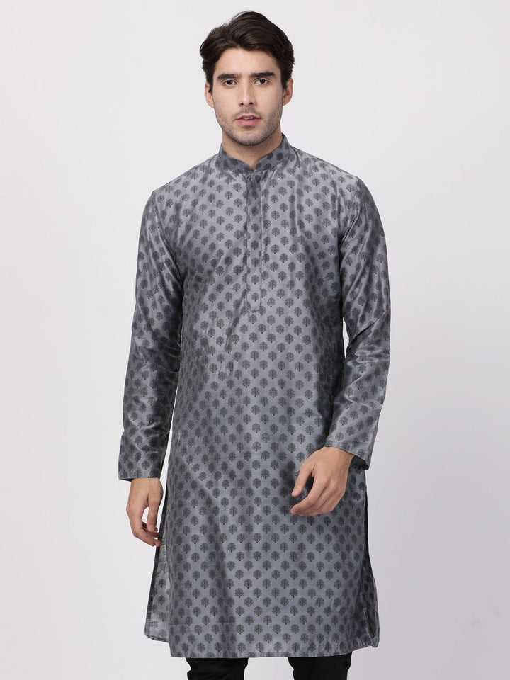 VASTRAMAY Men's Grey Cotton Silk Blend Kurta