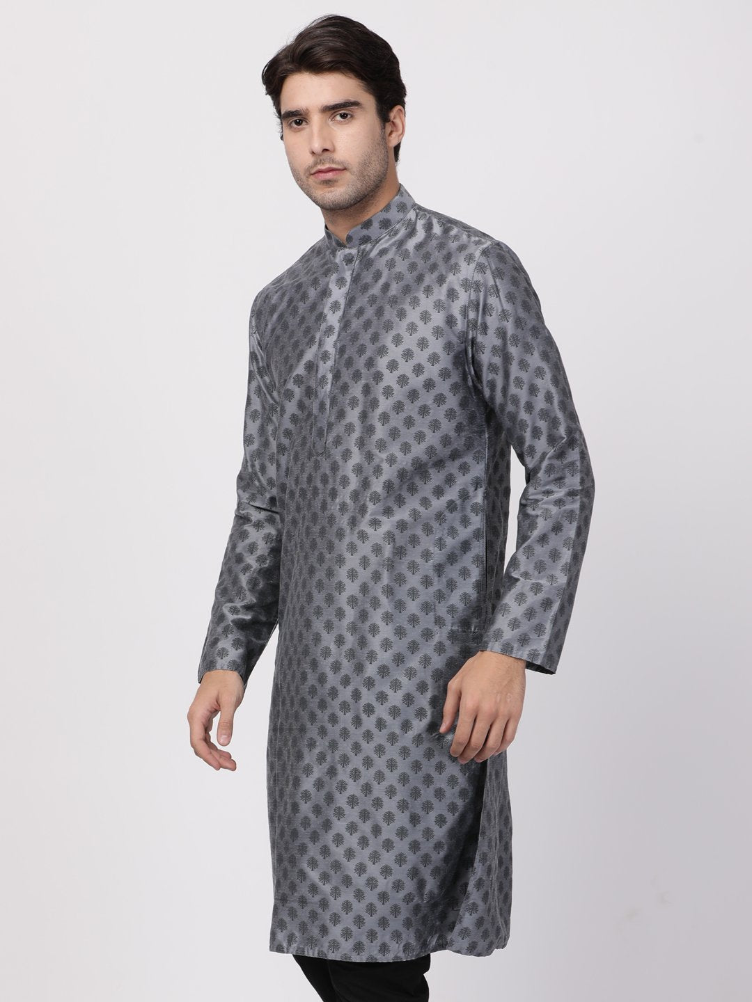 VASTRAMAY Men's Grey Cotton Silk Blend Kurta