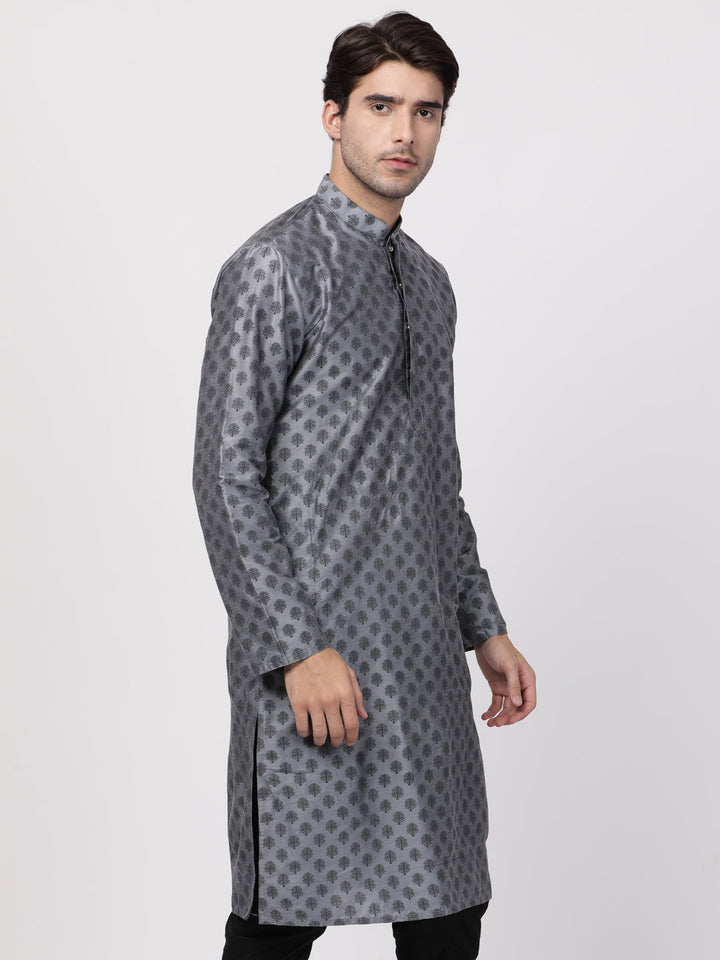 VASTRAMAY Men's Grey Cotton Silk Blend Kurta