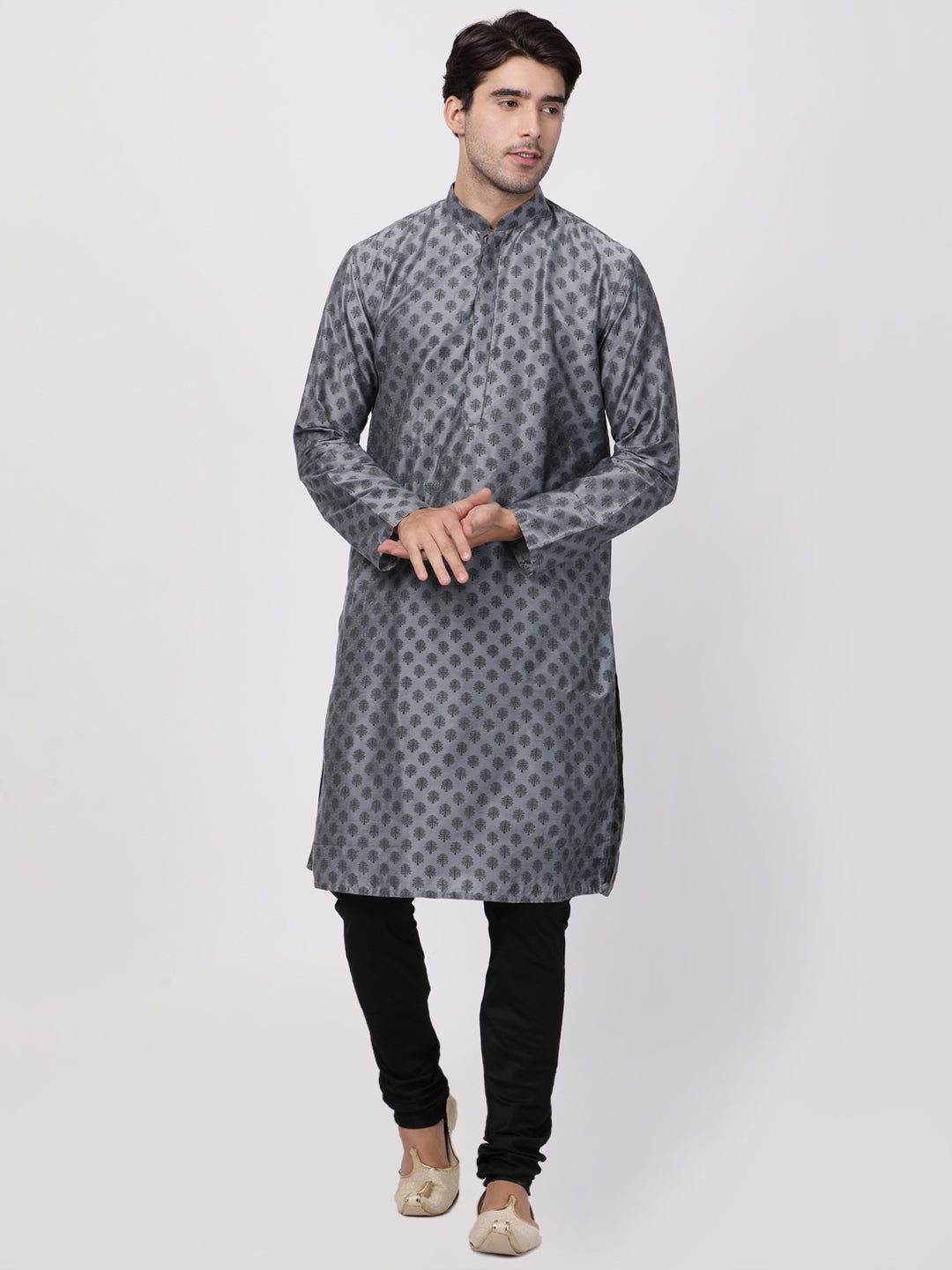 VASTRAMAY Men's Grey Cotton Silk Blend Kurta