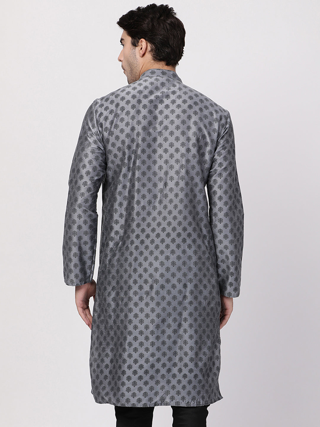 VASTRAMAY Men's Grey Cotton Silk Blend Kurta