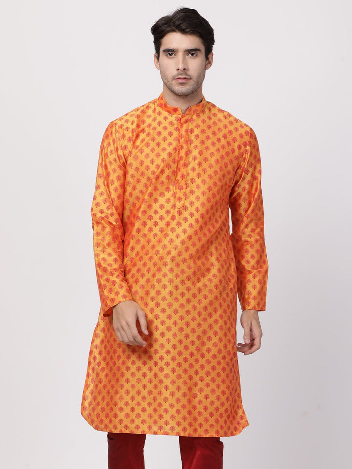 VASTRAMAY Men's Orange Cotton Silk Blend Kurta