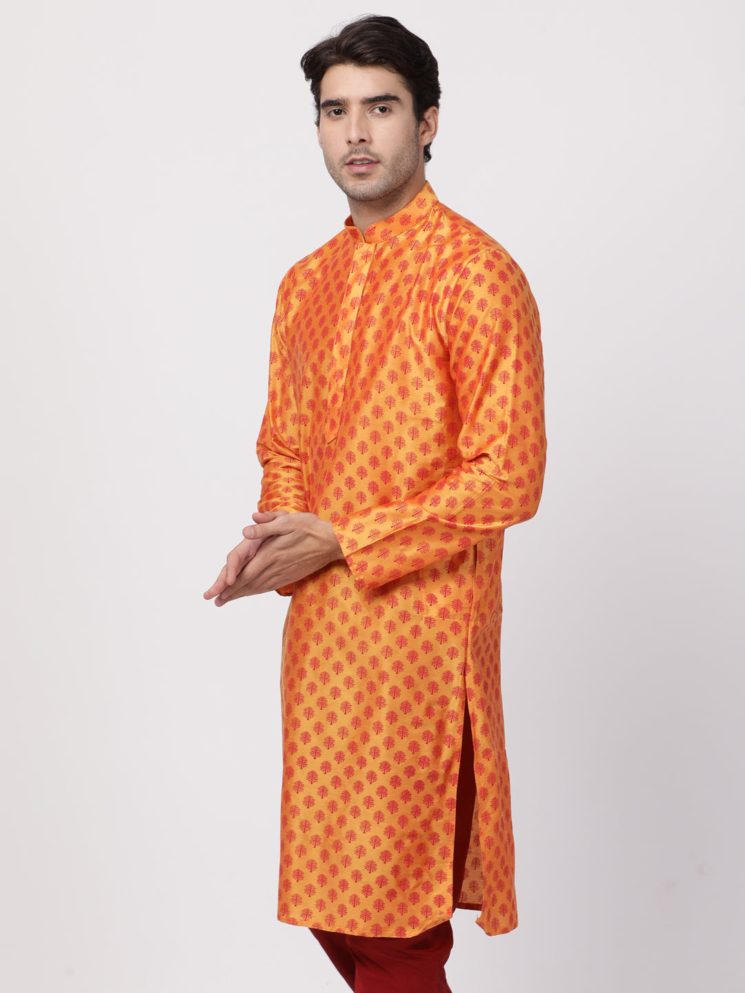 VASTRAMAY Men's Orange Cotton Silk Blend Kurta