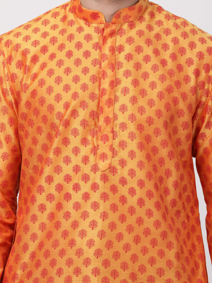 VASTRAMAY Men's Orange Cotton Silk Blend Kurta