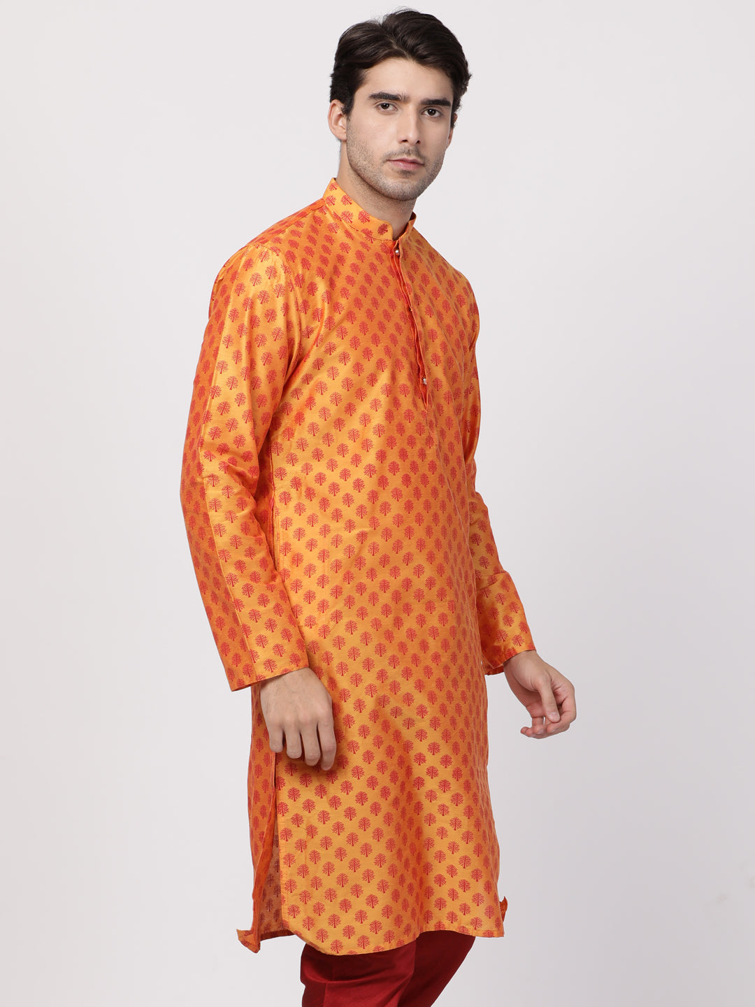 VASTRAMAY Men's Orange Cotton Silk Blend Kurta