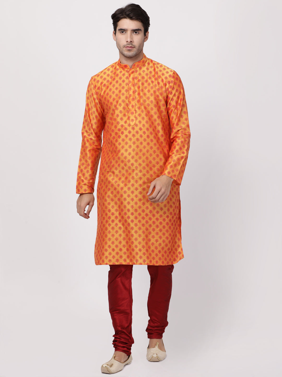 VASTRAMAY Men's Orange Cotton Silk Blend Kurta