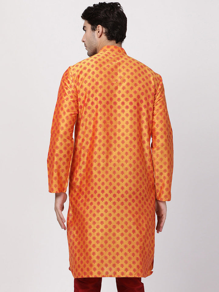 VASTRAMAY Men's Orange Cotton Silk Blend Kurta