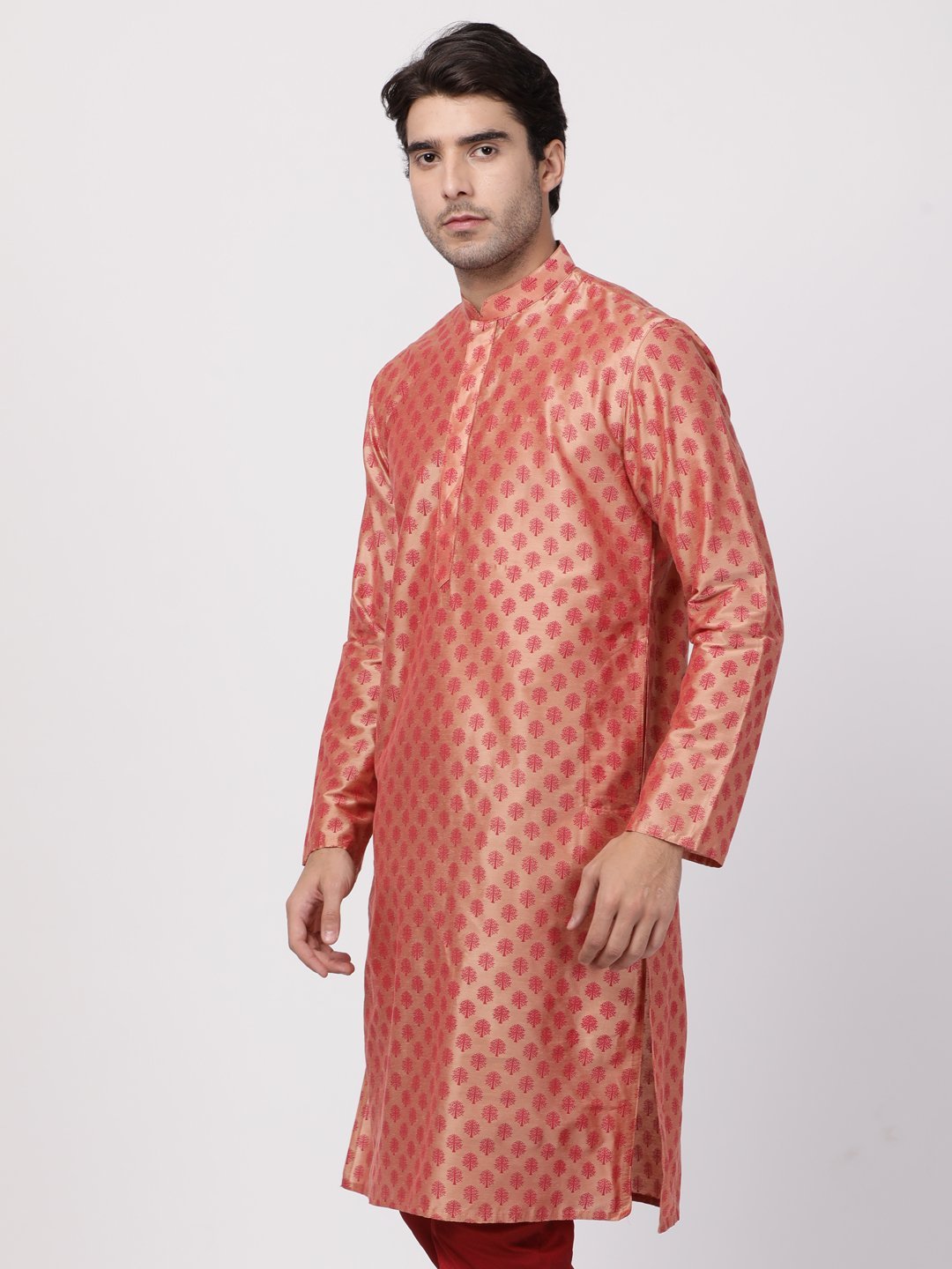 VASTRAMAY Men's Pink Cotton Silk Blend Kurta