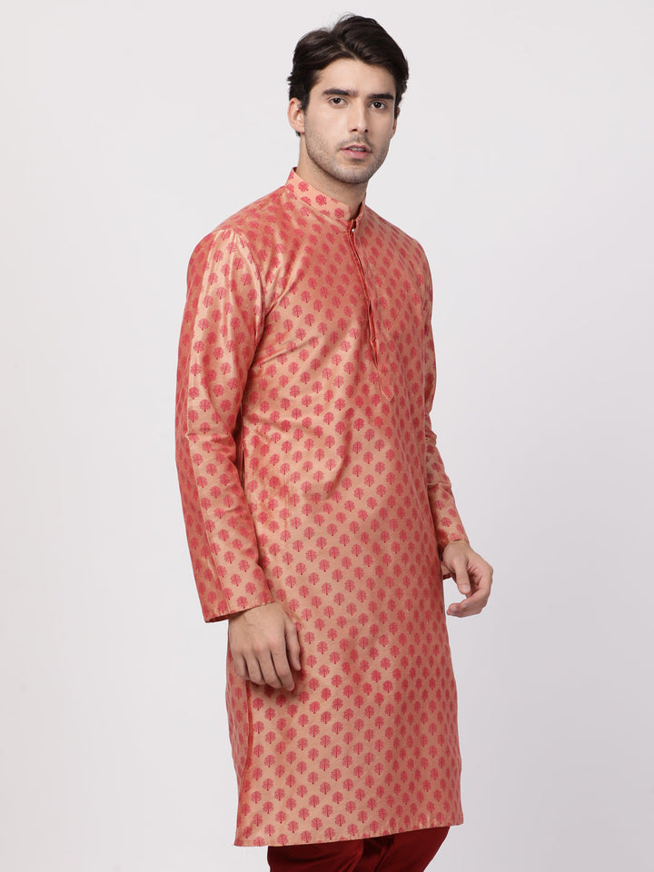 VASTRAMAY Men's Pink Cotton Silk Blend Kurta