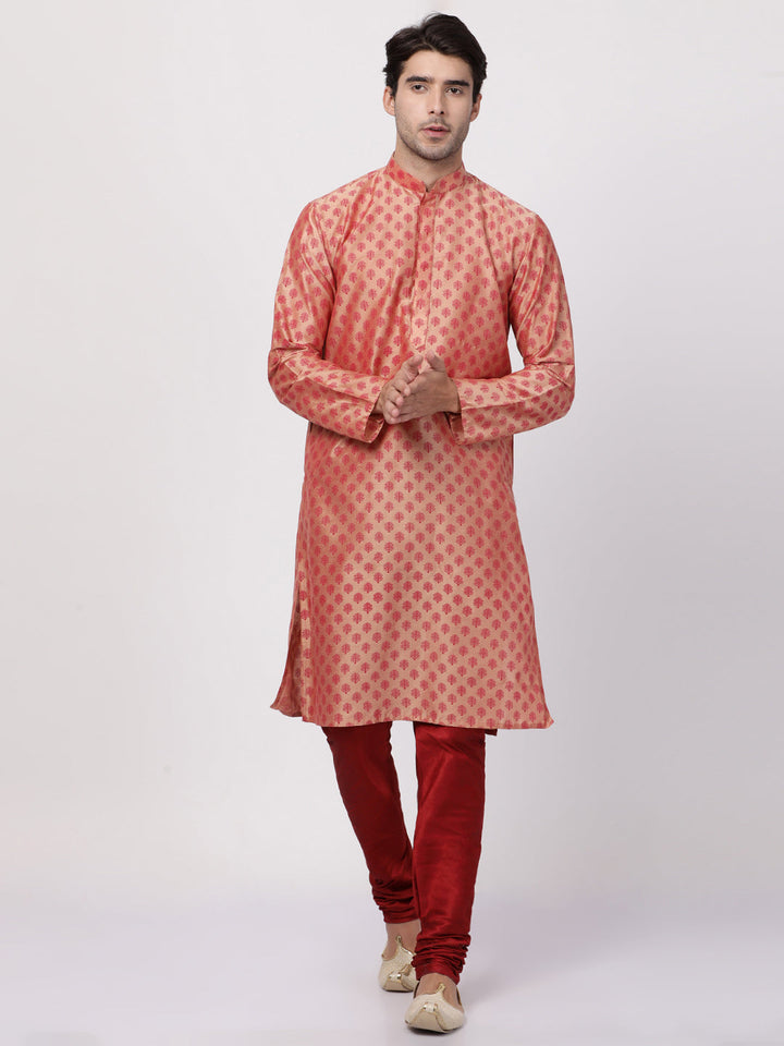 VASTRAMAY Men's Pink Cotton Silk Blend Kurta