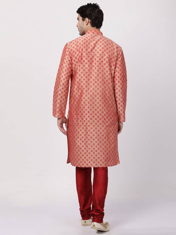 VASTRAMAY Men's Pink Cotton Silk Blend Kurta