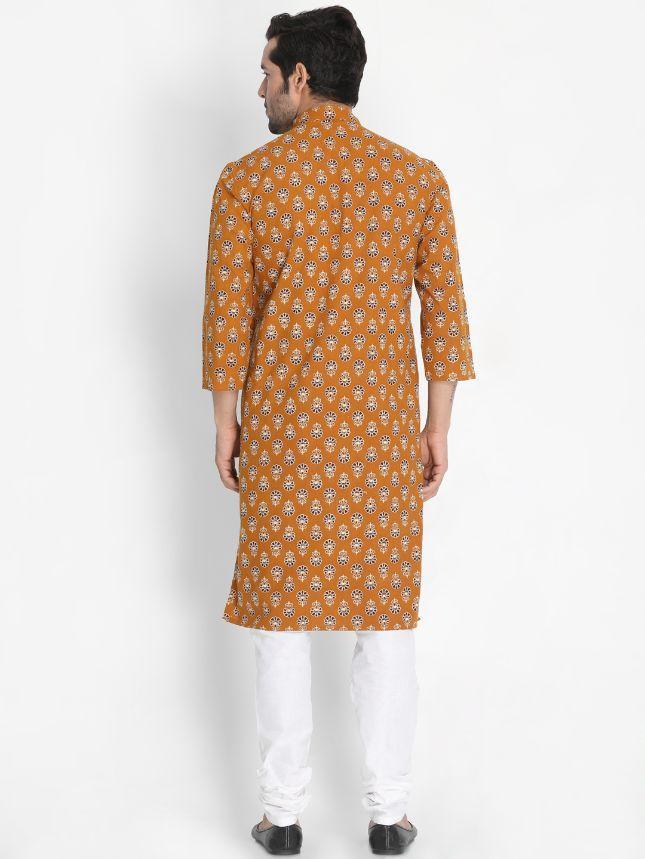 VASTRAMAY Men's Yellow Cotton Blend Kurta and Churidar Set