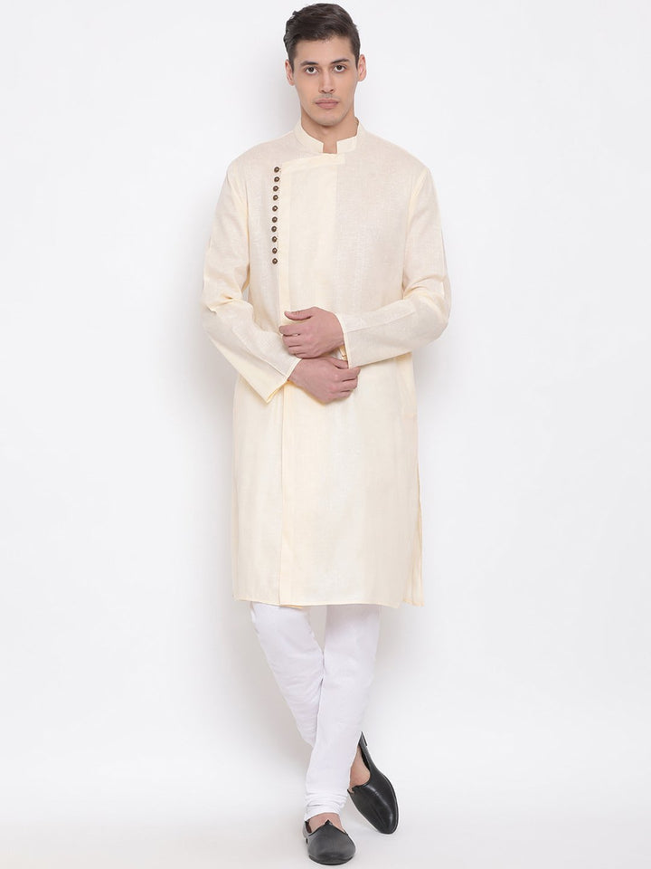 VASTRAMAY Men's Cream Mix Cotton Kurta and Pyjama Set