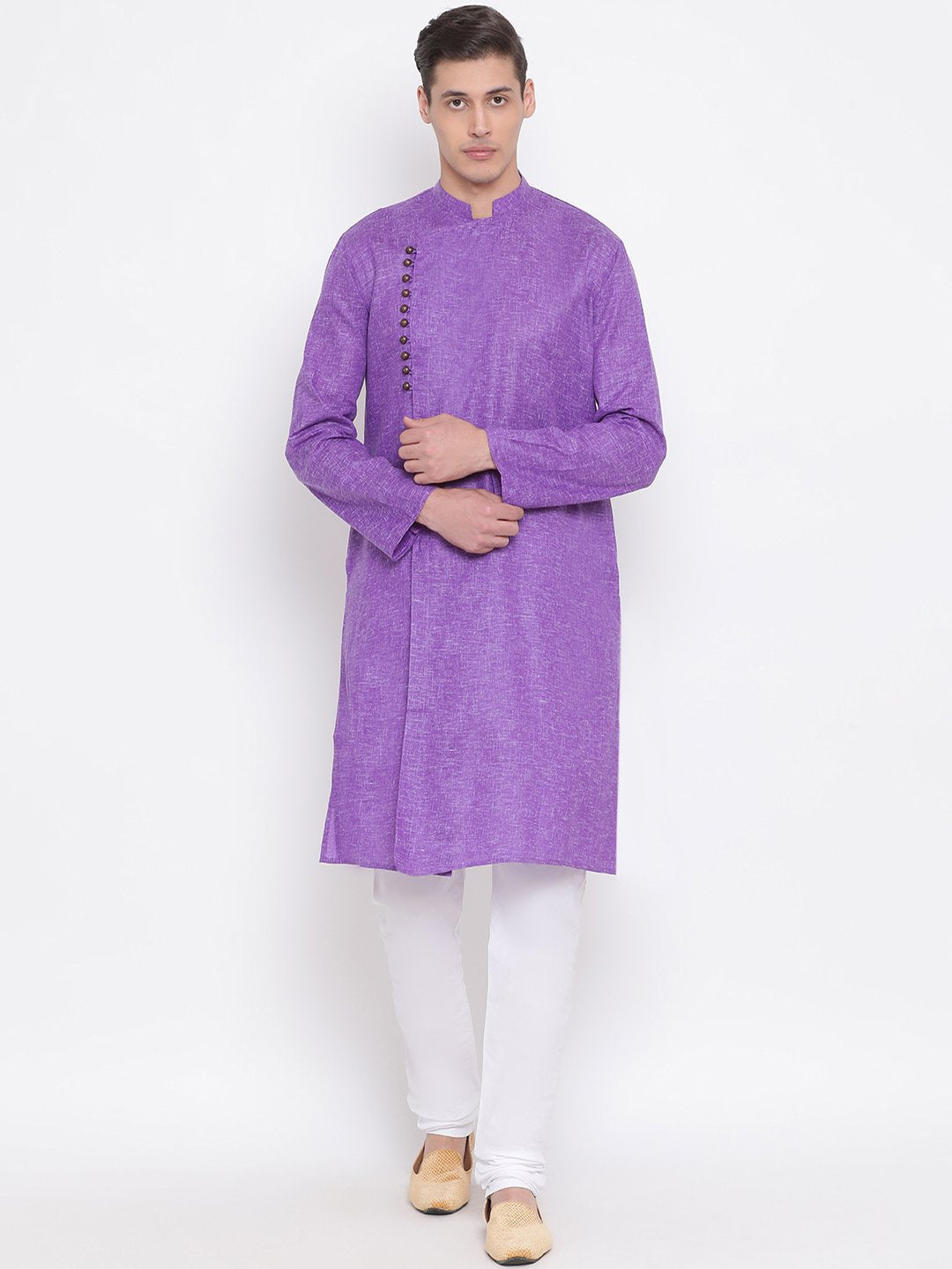 VASTRAMAY Men's Purple Mix Cotton Kurta and Pyjama Set