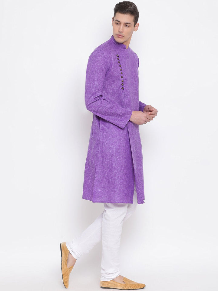 VASTRAMAY Men's Purple Mix Cotton Kurta and Pyjama Set