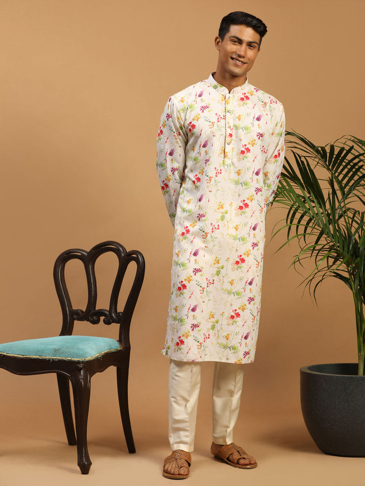 VASTRAMAY Men's Cream Printed Cotton Blend Kurta and Cream Viscose Pant Set