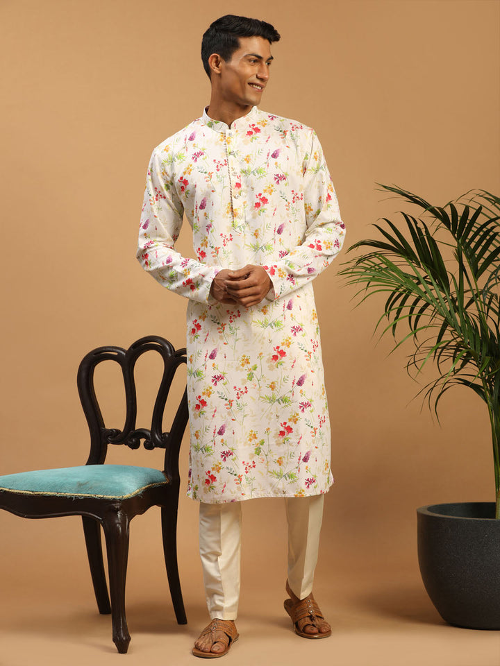 VASTRAMAY Men's Cream Printed Cotton Blend Kurta and Cream Viscose Pant Set