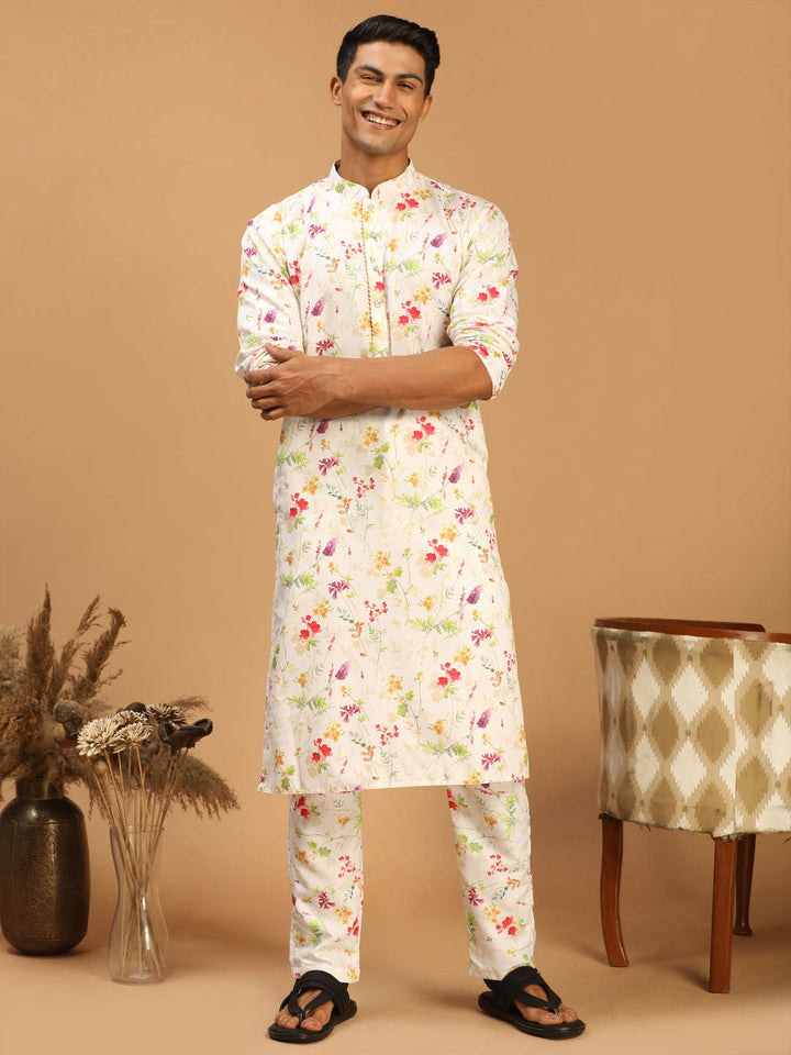 VASTRAMAY Men's Cream Printed Cotton Blend Kurta and Printed Matching Pant Set