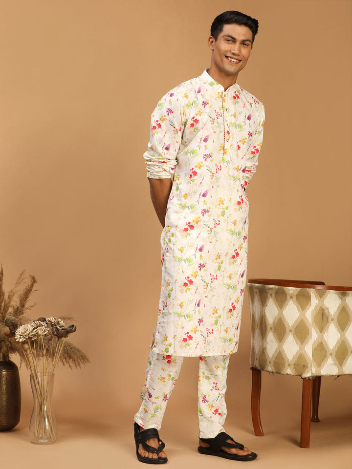 VASTRAMAY Men's Cream Printed Cotton Blend Kurta and Printed Matching Pant Set