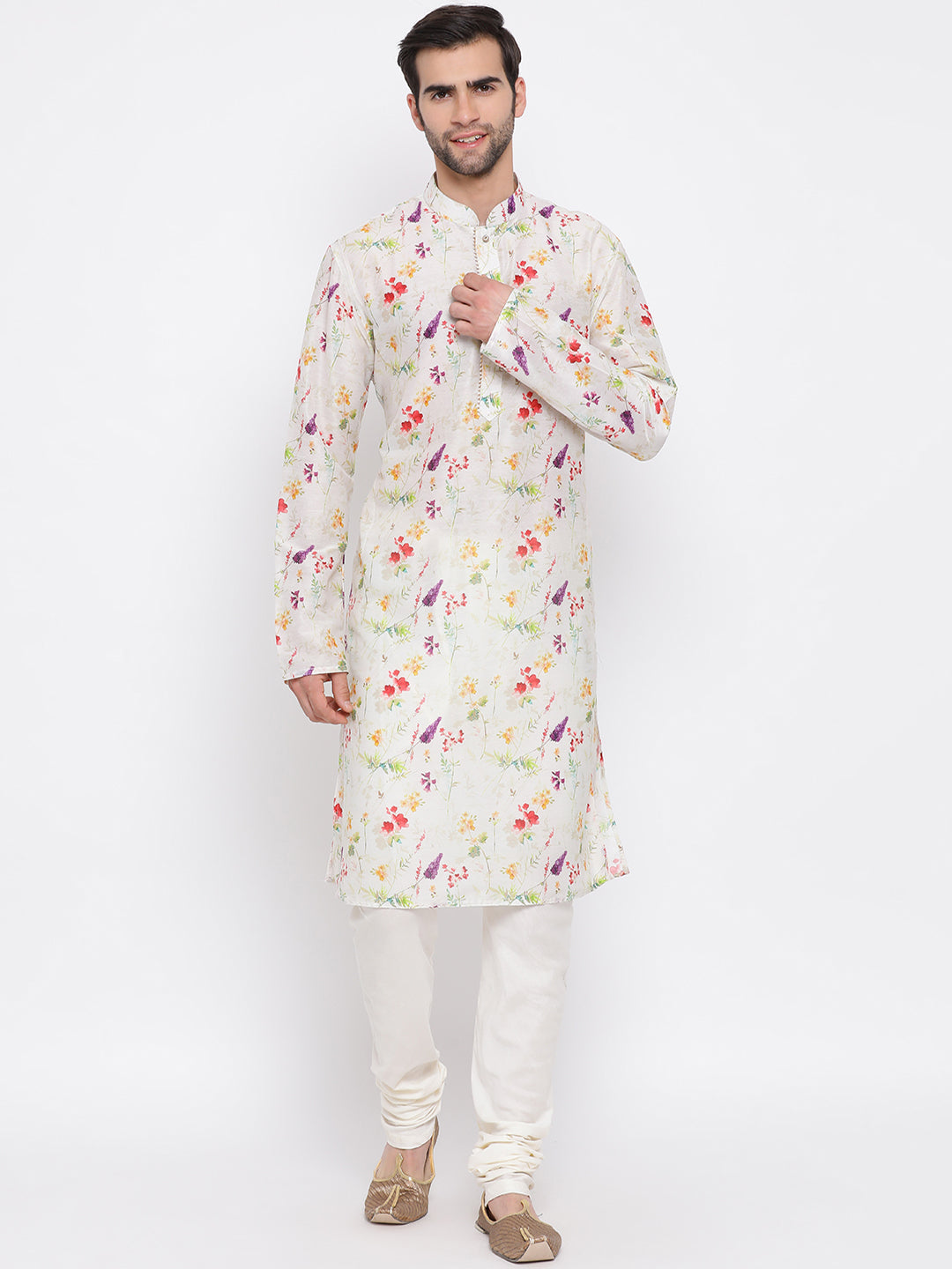 Vastramay Cotton Blend Multicolor-Base-Cream Baap Beta Kurta Pyjama Set