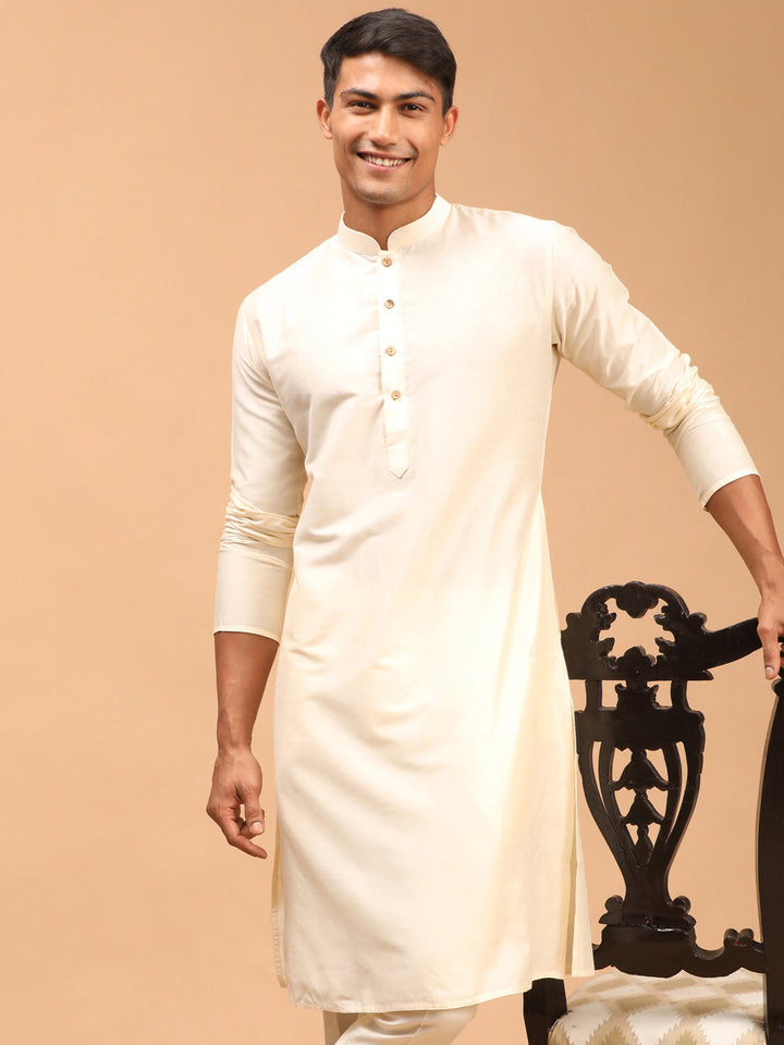 VASTRAMAY Men's Cream Viscose Rayon Kurta