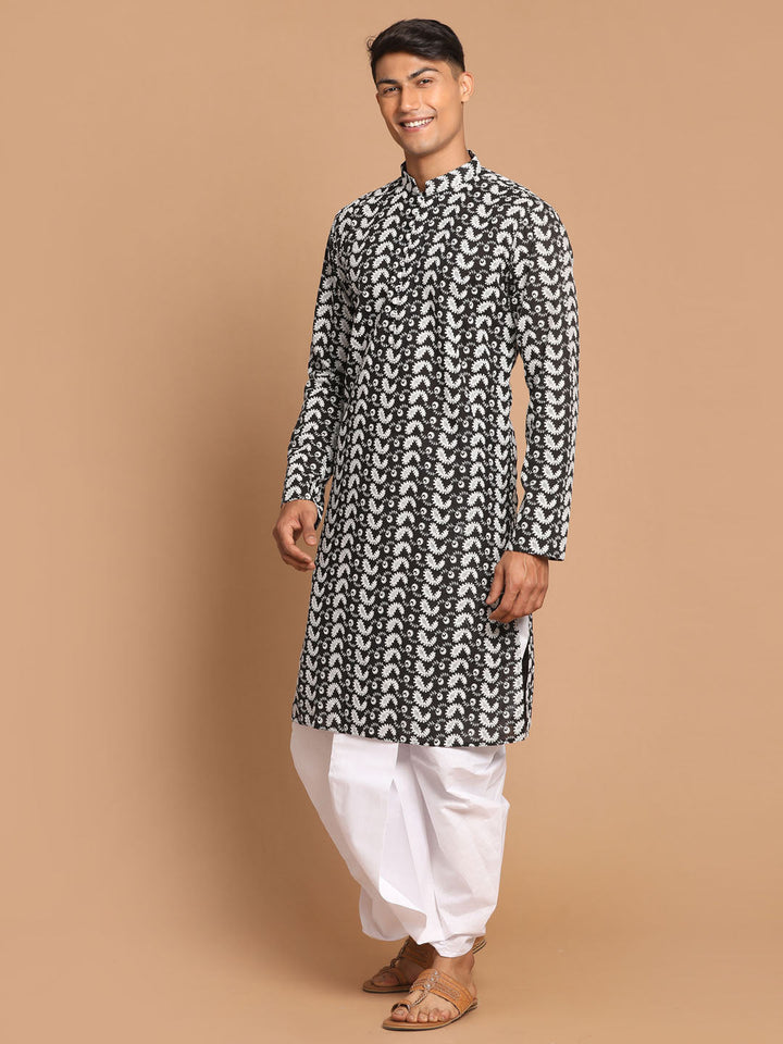 VASTRAMAY Men's Black Pure Cotton Chikankari Kurta With Dhoti Set