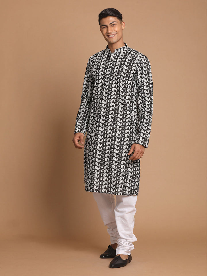 VASTRAMAY Men's Black Pure Cotton Chikankari Kurta Pyjama Set