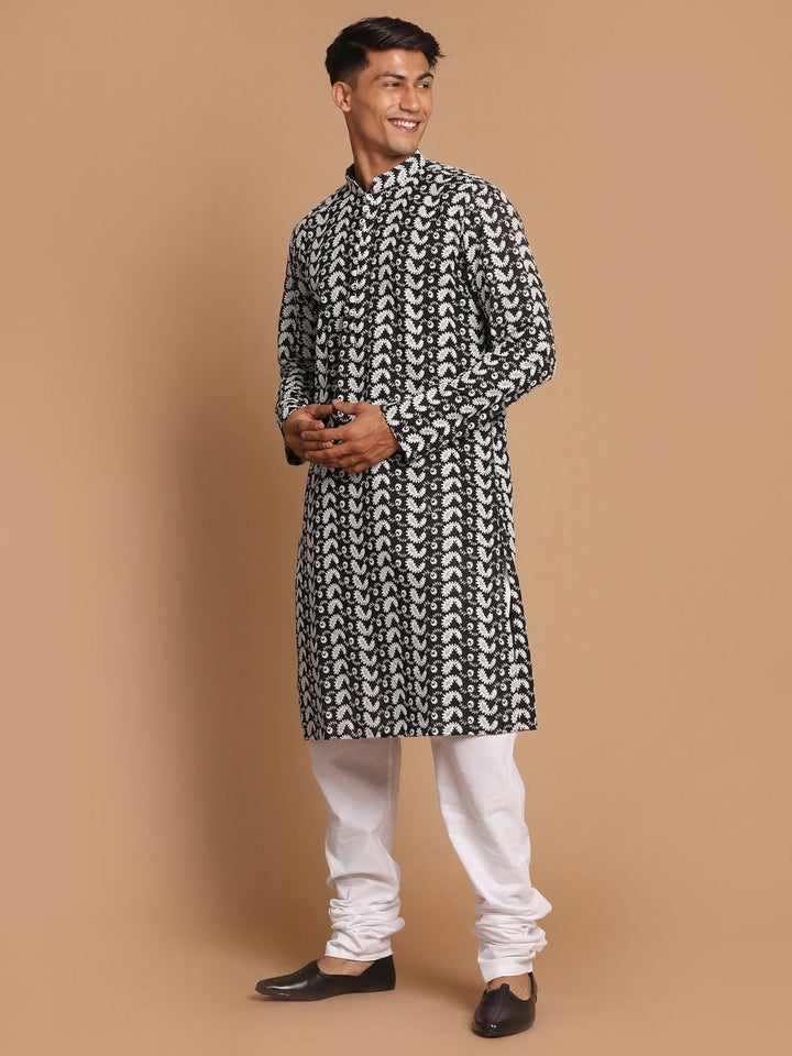 VASTRAMAY Men's Black Pure Cotton Chikankari Kurta Pyjama Set