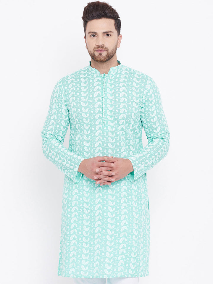 VASTRAMAY Men's Green Pure Cotton Chikankari Kurta