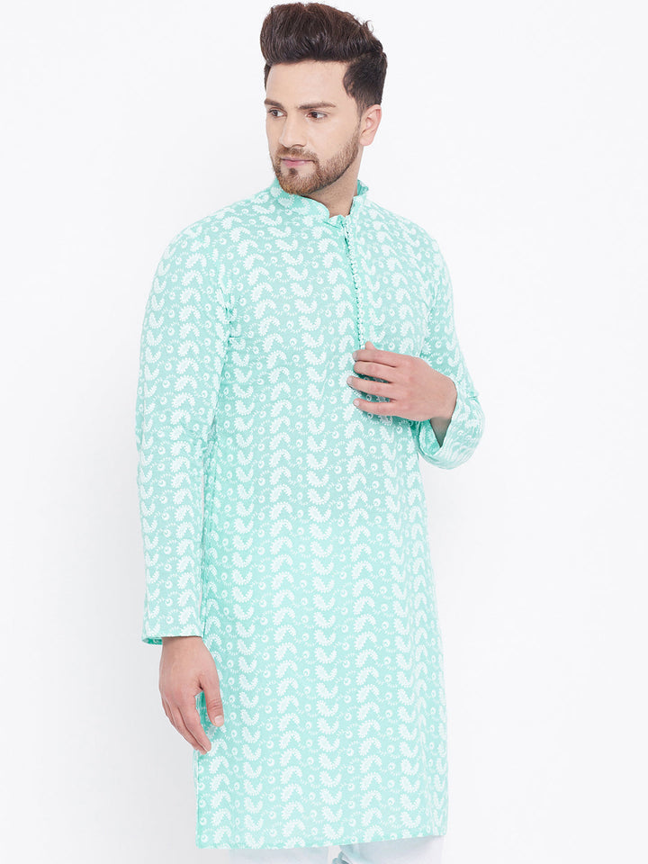 VASTRAMAY Men's Green Pure Cotton Chikankari Kurta