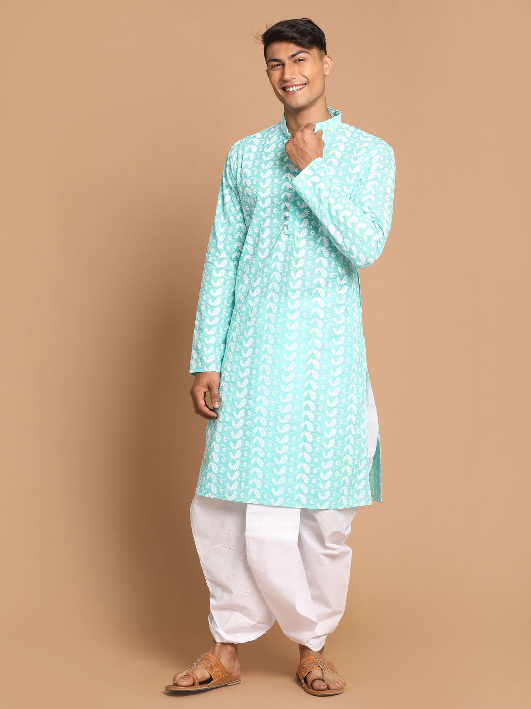 VASTRAMAY Men's Green Pure Cotton Chikankari Kurta With Dhoti set