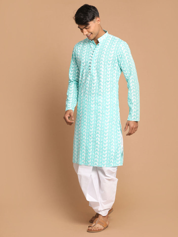 VASTRAMAY Men's Green Pure Cotton Chikankari Kurta With Dhoti set