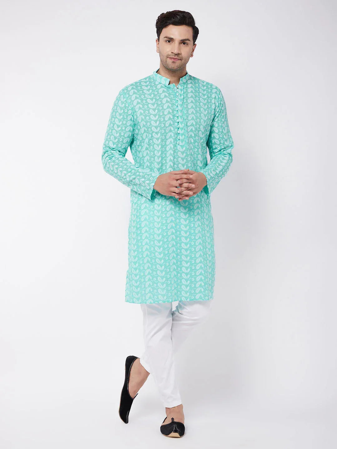Men's Green Pure Cotton Chikankari Kurta With Pant Set