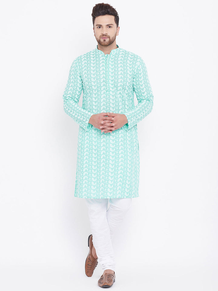 VASTRAMAY Men's Green Pure Cotton Chikankari Kurta Pyjama Set