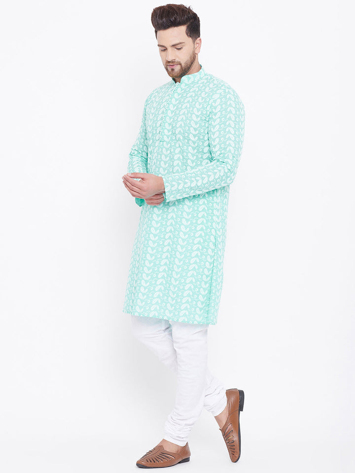 VASTRAMAY Men's Green Pure Cotton Chikankari Kurta Pyjama Set