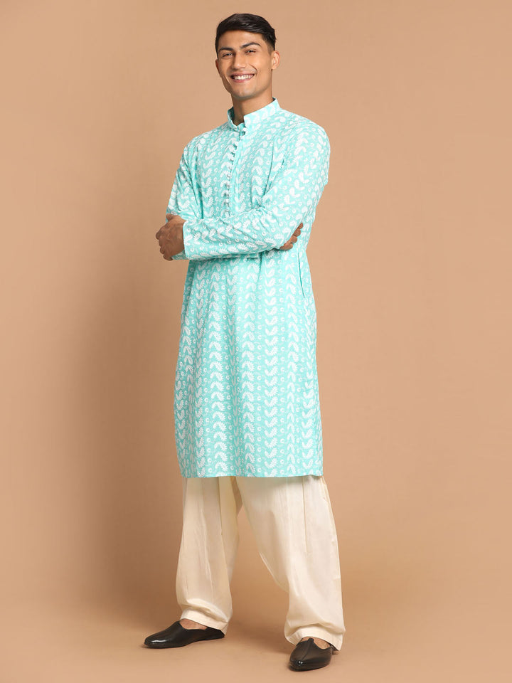 VASTRAMAY Men's Green Pure Cotton Chikankari Kurta With Patiala set