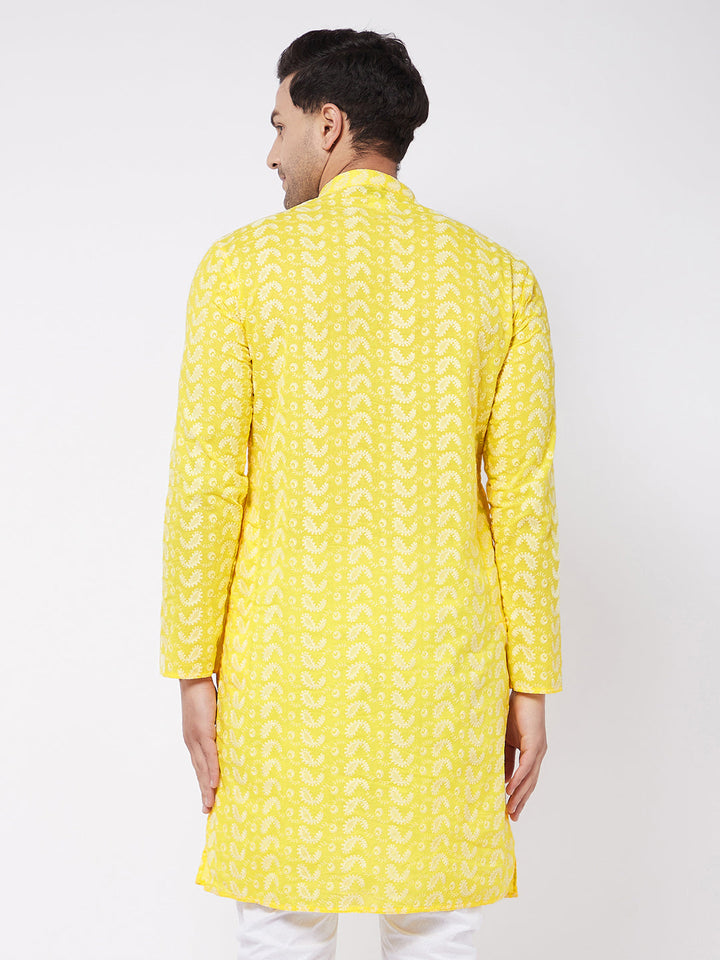 VASTRAMAY Men's Mustard Pure Cotton Chikankari Kurta